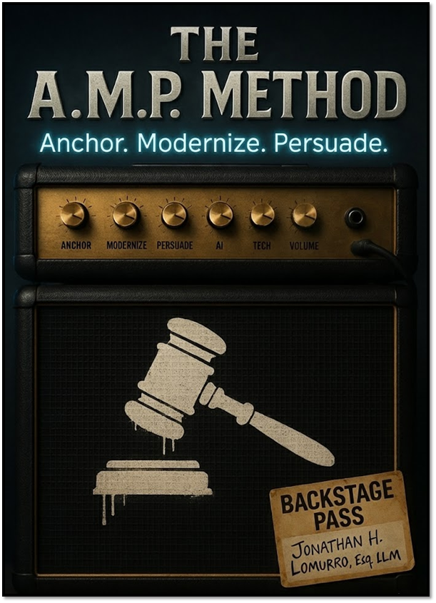 Cover of The A.M.P. Method book showing a guitar amp with control knobs and a gavel illustration