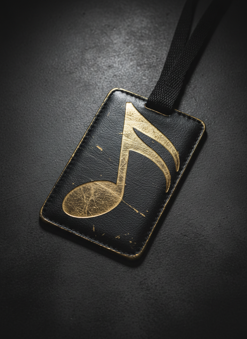 slightly worn black and gold backstage pass on dark neutral background, minimal lighting, high contrast, cinematic, no text